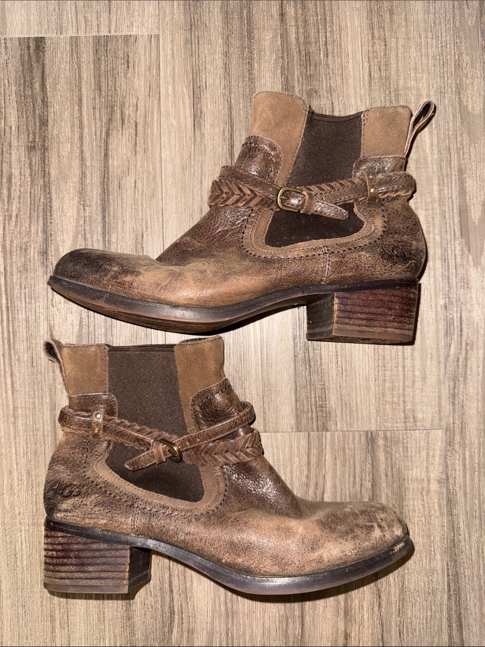 UGG Distressed Brown Leather Braided Strap Ankle Boots